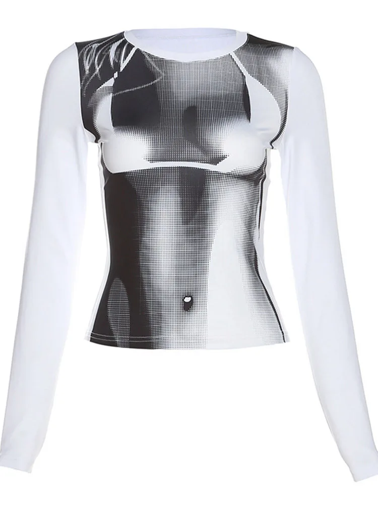 تي شيرت نسائي قصير مطبوع عليه الجسم لخريف وربيع Y2K موضة كورية بأكمام طويلة ورقبة دائرية تي شيرت ضيق ملابس الشارع