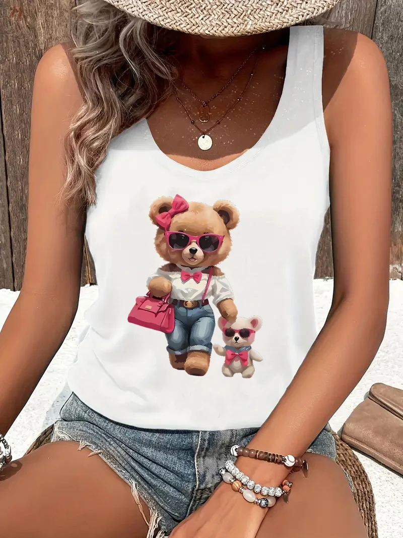 Harajuku Fashion Girls Bear Design Tshirt Vest T-shirt Graphic Print Tank Top Women’s Sleeveless Crew Neck
