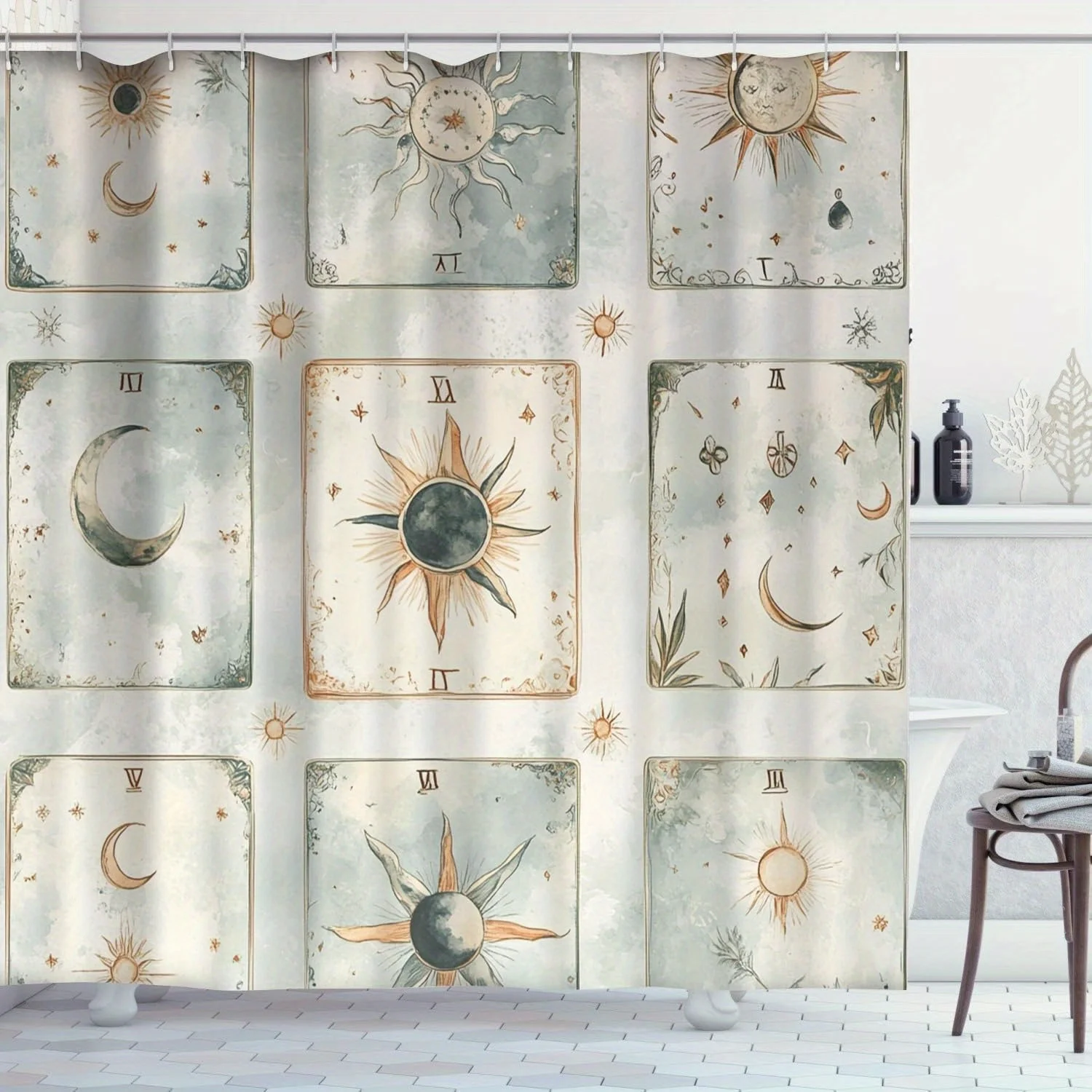 Watercolor Tarot Zodiac Shower Curtain - Celestial Design with Stars & Signs, Durable Polyester with Hooks