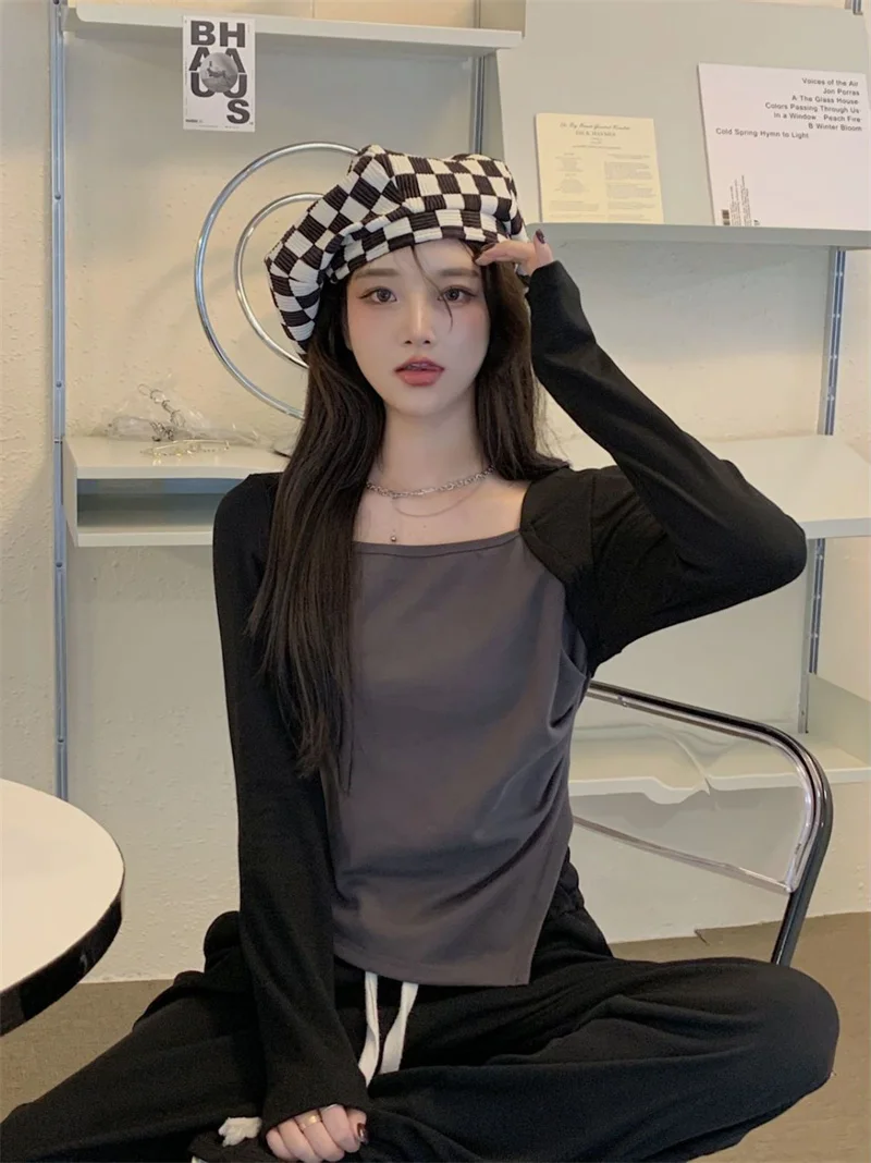 Shoulder Long Sleeve Top Women's Contrast 2023 New Versatile Fashion Advanced Slim Fit Spring Pure Short Commuter T-shirt P57
