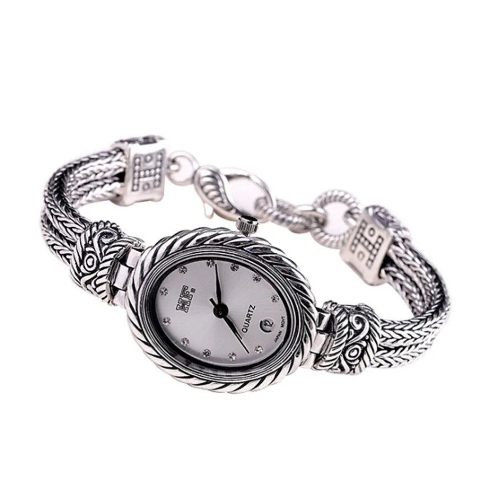 Solid 925 Sterling Silver Thailand Silver Marcasite Luxury Oval Wrist Watches Wheat Bracelet Women's Quartz Watches Fine Jewelry