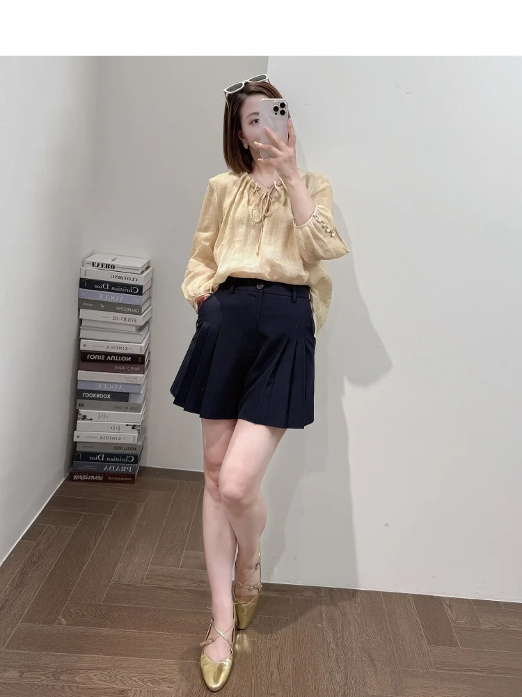 

Элегантная женская приталенная блузка из льна, премиум-класса, модная, летняя коллекция 2025, из нетканого материала