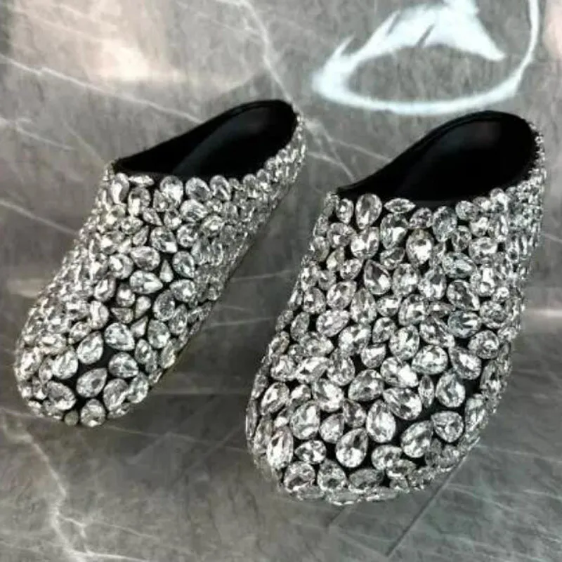 

Luxury Sliver Bling Crystal Rhinestone Round Toe Half Head Flat Slippers Woman Thick sole Full Diamond Slip On Beach Shoes Lady