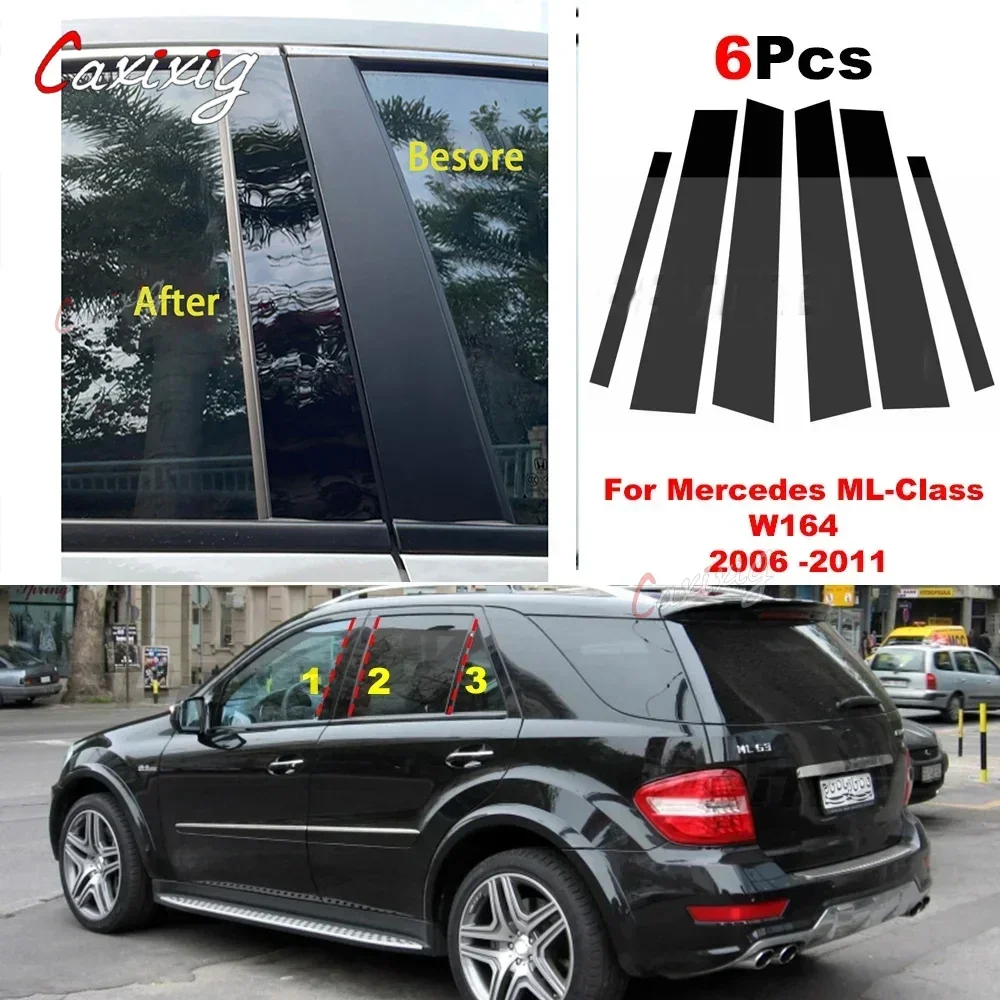 

For Mercedes ML-Class W164 2006 2007 2008 2009 2010 2011 6Pcs Glossy Chrome PC Material Pillar Post Cover BC Column Sticker