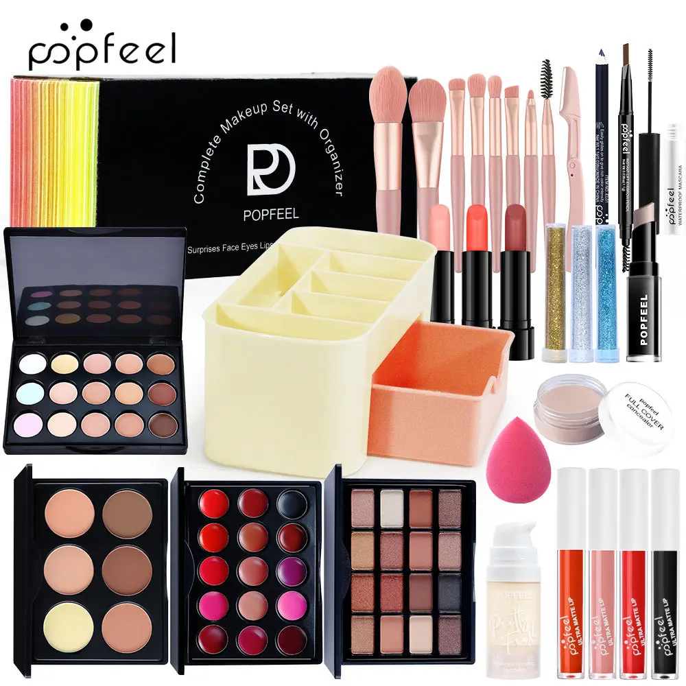 Popfeel-Kit de Maquillage Complet Tout-en-un pour Femme, Eyeblogueur, Eyeliner, Rouge à Lèvres, Mascara, Poudre de Contour, Pinceau, Ensembles de Luxe, Cadeaux