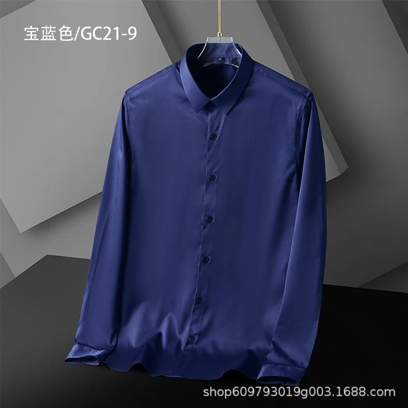 Camisa sedosa de mangas compridas masculina, camisa elástica respirável, sem ferro, noivo para noivo, primavera e outono, azul marinho, Z144Navy