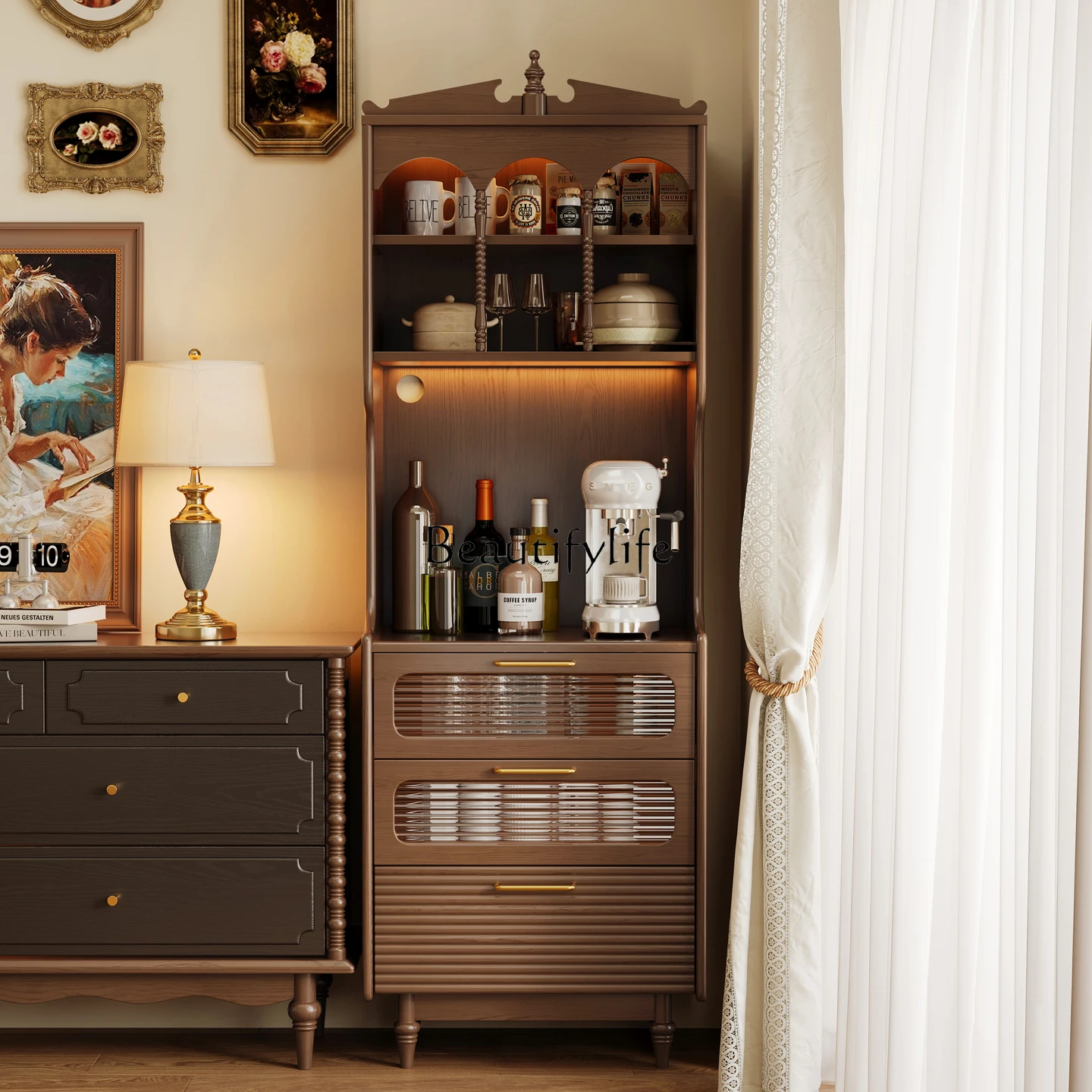 

American retro solid wood dining side cabinet against the wall integrated water bar counter medieval storage narrow side cabinet