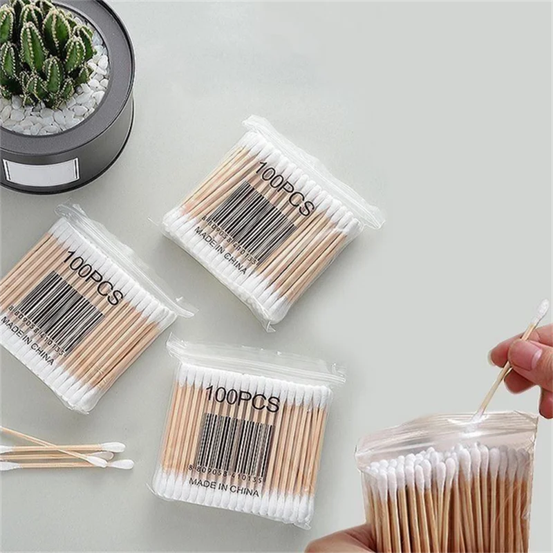 100 unids/bolsa hisopo de algodón de madera de doble cabeza limpieza de nariz y oídos herramientas de maquillaje para mujeres Lipstik bastoncillos Oidos