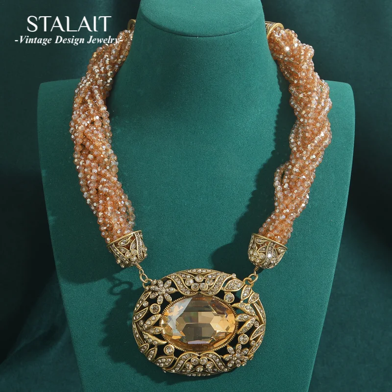 

Vintage Gold Color Chunky Necklace Collar Oval Luxury Designer Jewelry Layered Champagne Twisted Crystal Bead Christmas Party