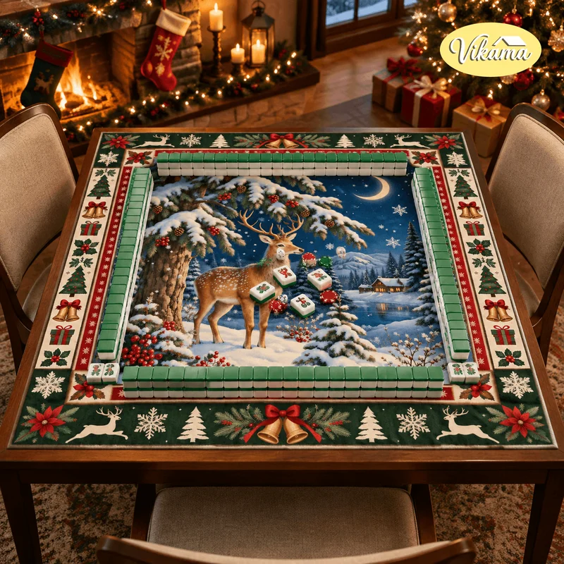 VIKAMA Christmas Mahjong Table Mat, Retro Christmas Moonlit Night Snowy Forest Reindeer Non-Slip Square Tablecloth, Home Decor