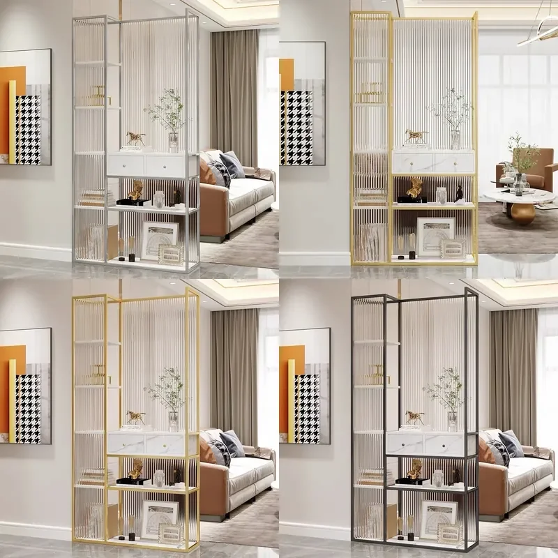 For Household Wrought Iron Display Rack Glass Screen Door Partition Living Room Office Area Baffle Decorative Shelf Storage