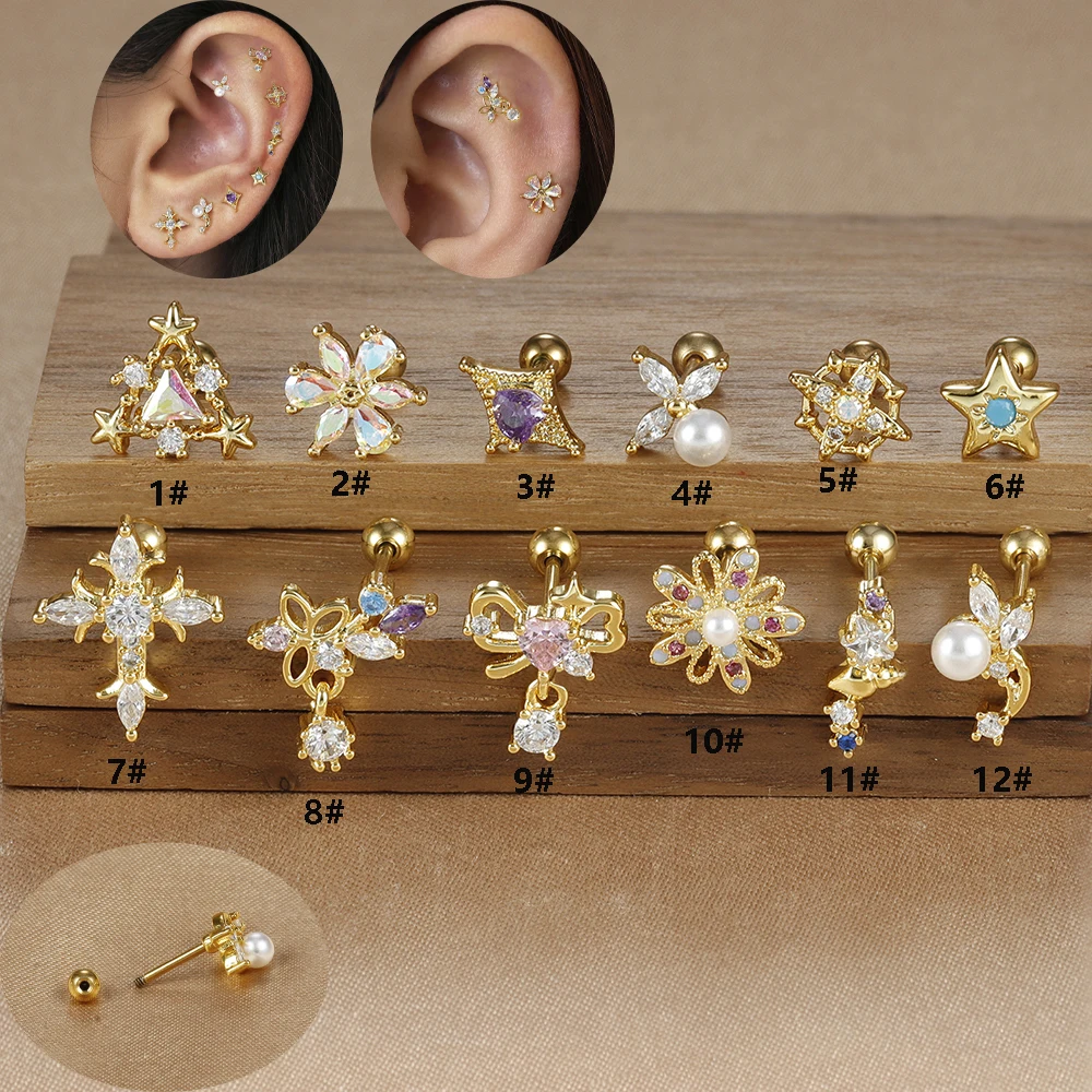 1 peça de aço inoxidável mini zircão cruz brincos para mulheres cor ouro helix tragus orelha studs cartilagem piercing jóias
