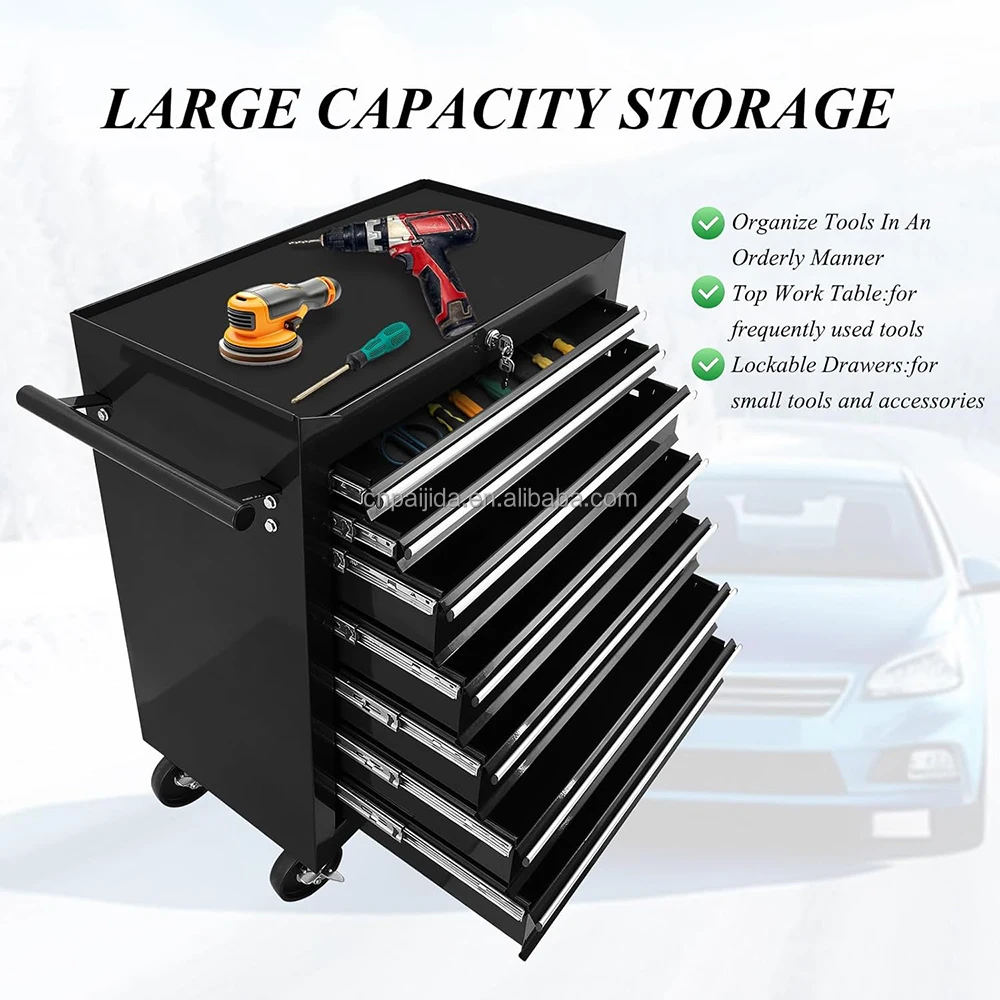 Garage Iron Steel Rolling Lockable Cabinet Customized Drawers OEM Option 300kg Load Capacity Modern Design Keyed Lock