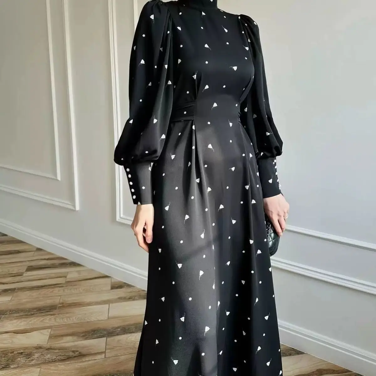 Women Sexy Turtleneck Printed Long Sleeve Dress Lantern Sleeve Bodycon Pencil Dresses Elegant Ruched Party Evening Dresses D671