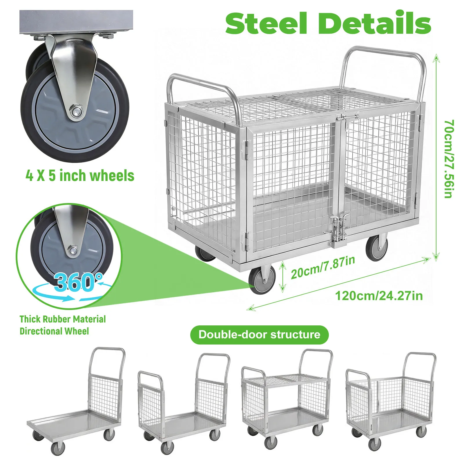 

Steel Folding Utility Cart with Cage Industrial Material Storage Cart with Swivel Wheel for Laundry Stall Warehouse