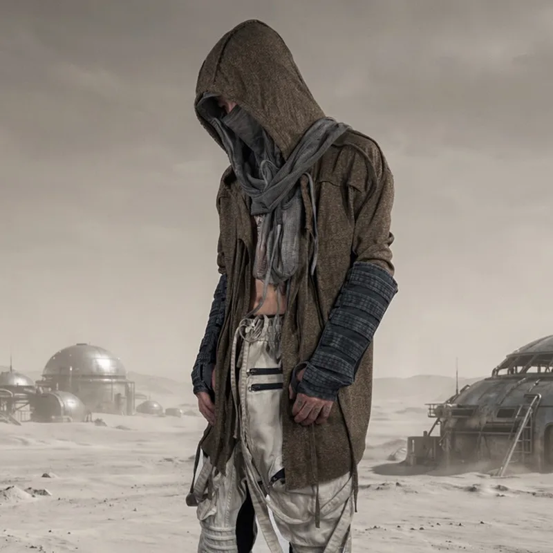 HKSH Spring Autumn New Men Tide Chic Dark Punk Vintage Waste Land Desert Hooded Knitted T-shirts Windbreaker Y2K Fashion HK28475