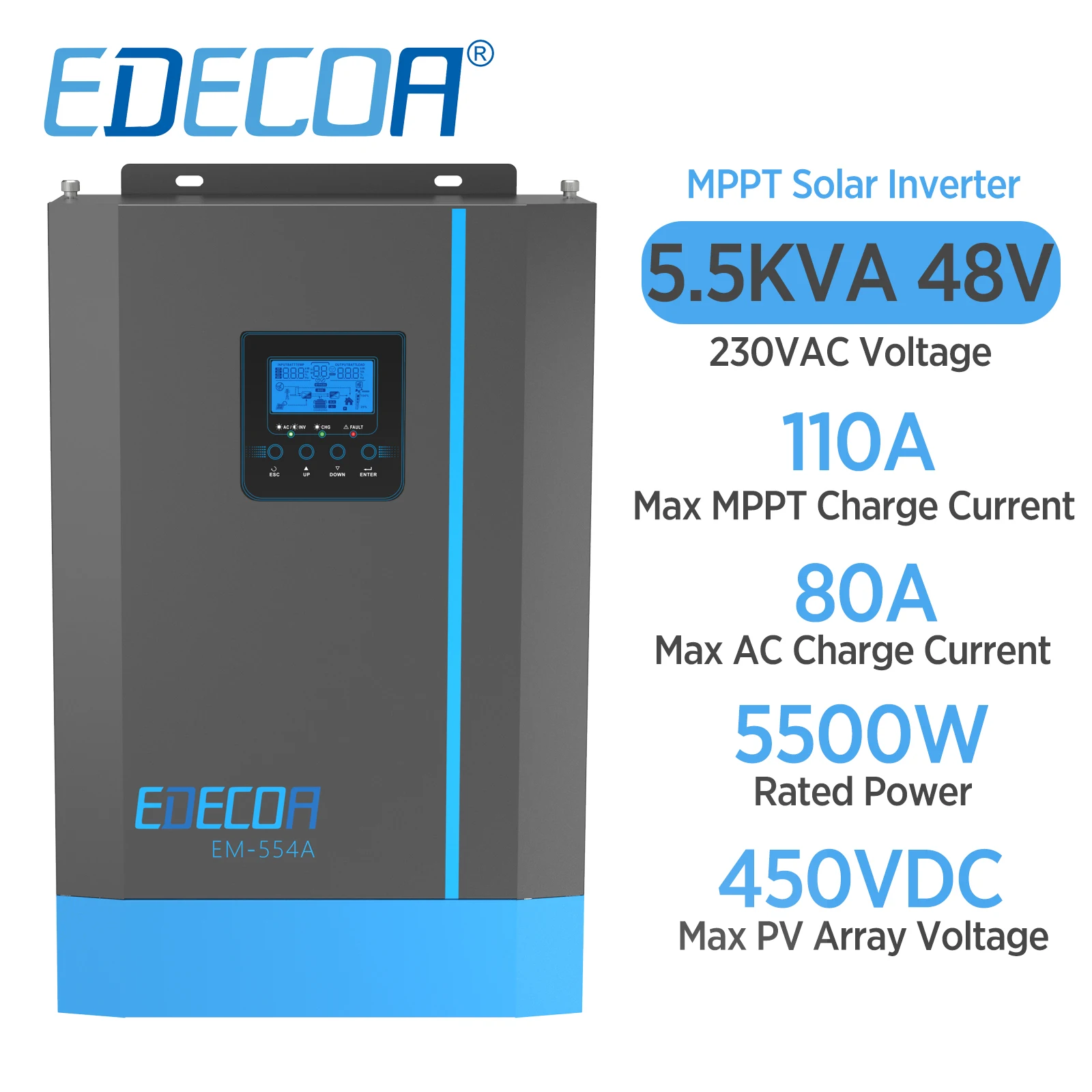 EDECOA 48V 5500W Solar Hybrid Inverter 48V to 220V 230V Off Grid Pure Sine Wave Inverter 5.5KW Compatible LiFePo4 Battery