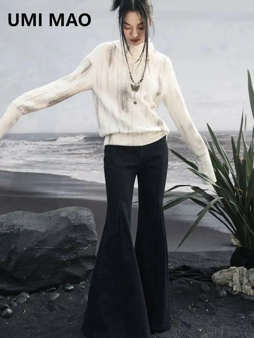 

UMI MAO нишевый дизайн джинсовые джинсы женские зимние новые винтажные расклешенные брюки черные длинные брюки с высокой талией Femme Bell Bottoms