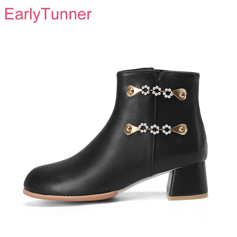 

Winter New Elegant Black White Women Ankle Boots Hot Med Chunky Heel Office Lady Dress Shoes Plus Big Size 11 43 46 49 52