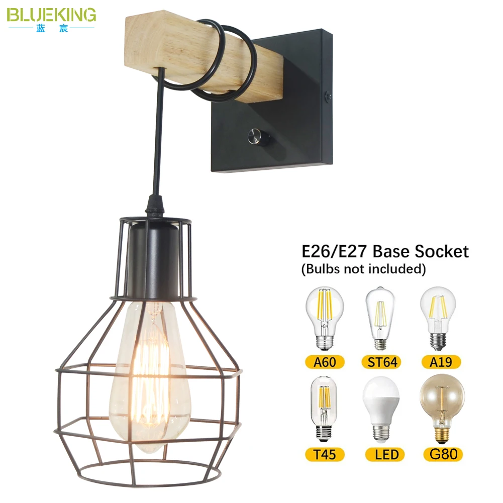BLUEKING Modern Retro Bedside Wall Lamp Cage Light with Wooden Base Bracket Light for Aisle Indoor Black Wall Sconce Fixture