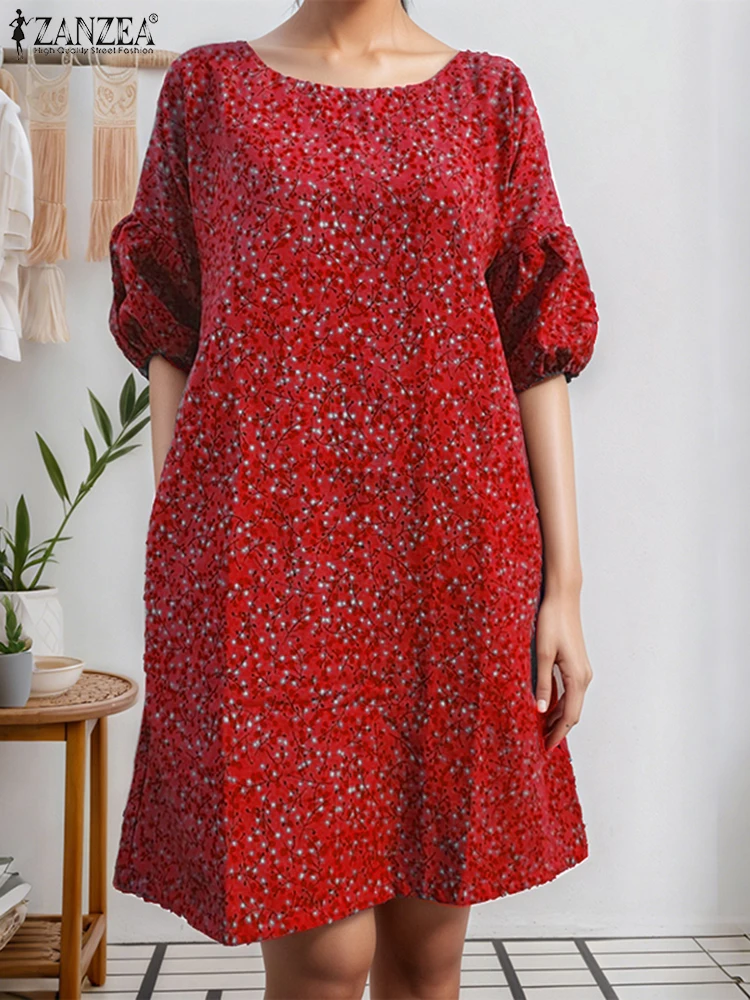 ZANZEA Vintage Print Dress Elegant Knee-Length Sundress Summer Vestidos 2025 Casual Loose Half Lantern Sleeve Party Robe