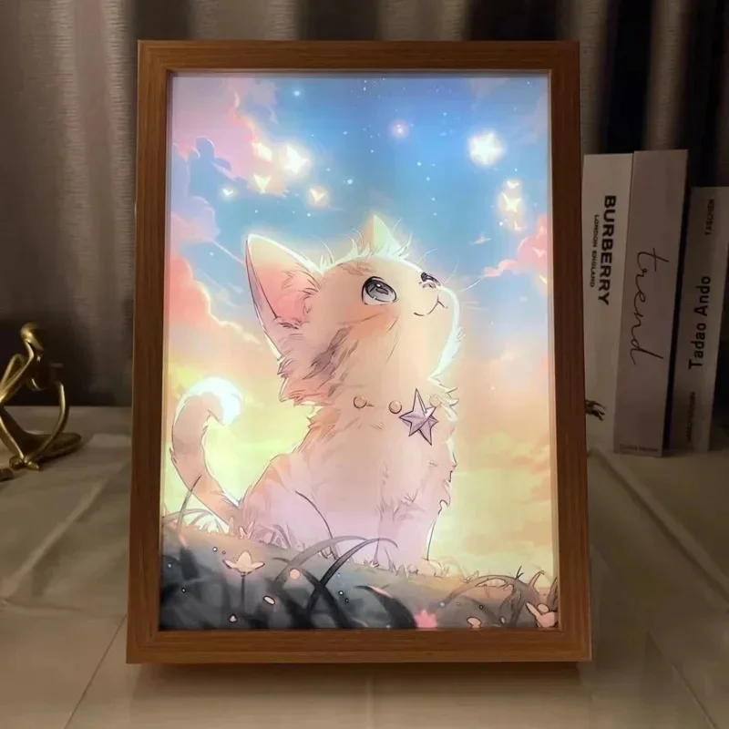 Anime Cat LED Light Painting Night Lamp Led Lamp Photo Frame Animal Landscape Bedside Decoration Tricolor Picture Christmas Gift