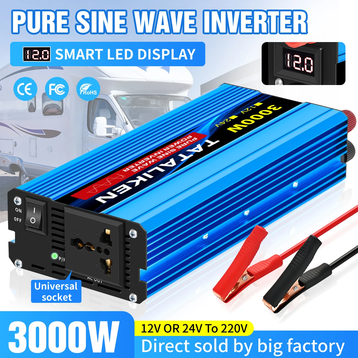 3000W-10000W Pure Sine Wave Inverter DC 12V/24V to AC 220V 50hz Power Inverter Charger Converter Adapter Universal Socket