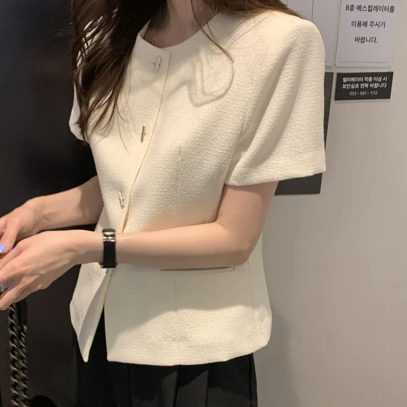 معطف أنيق على الطراز الفرنسي للنساء عتيق ذو نهاية عالية ورقبة دائرية يناسب الجميع في الصيف للتخسيس وأكمام قصيرة للسيدات #4