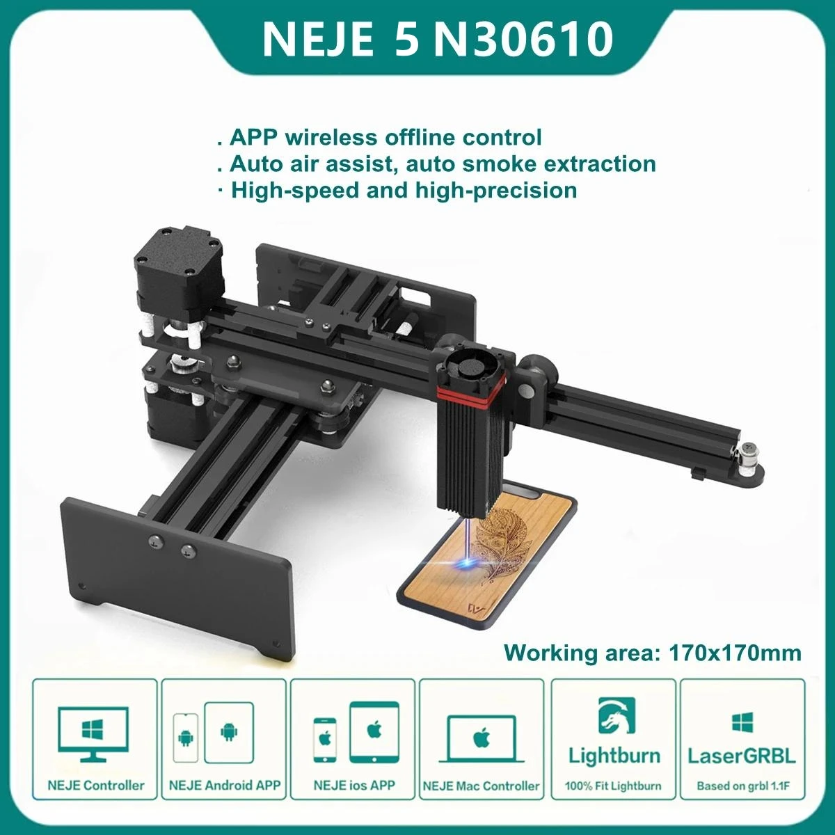 

NEJE 5 N30610 Desktop CNC Laser Engraver Laser Cutter Wireless Printer Wood Engraving Machine APP Control Lightburn