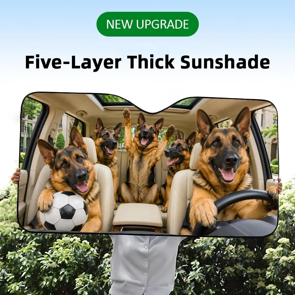 A five-layer thick car windshield sunshade with a funny graphic print of German Shepherd dogs throwing a soccer party.