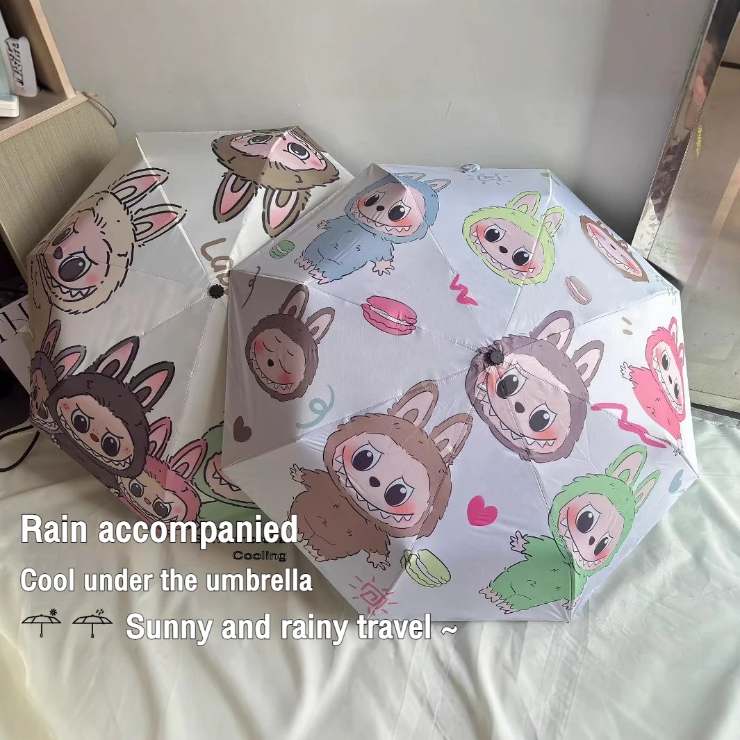 

Labubu Black Glue Folding Umbrella Uv Sun Protection Dual Use Compact Rain Sunshade For Home Garden Travel Portable Outdoor Gear