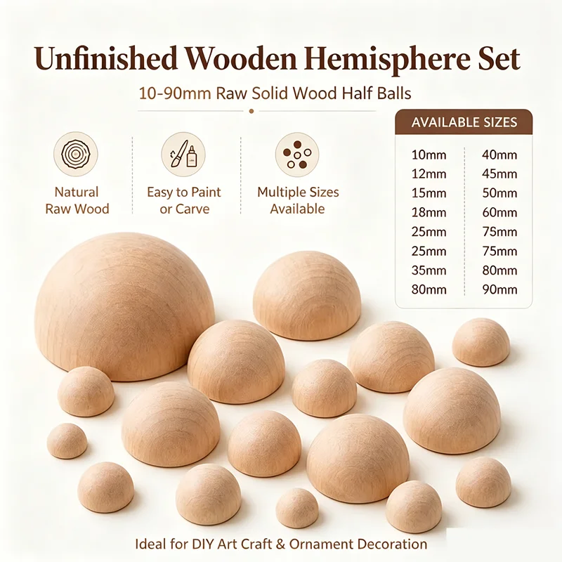 10‑90mm Raw Solid Wood Hemispheres, Polished Unfinished Half‑Wood Balls for DIY Art Craft & Ornament Decoration