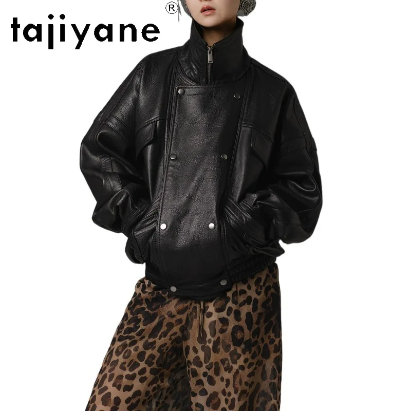 TAJIYANE Natural Bubble Sheepskin Leather Jacket Woman Mid Length Outerwear Leather Coat Biker Jackets for Woman Jaqueta Black