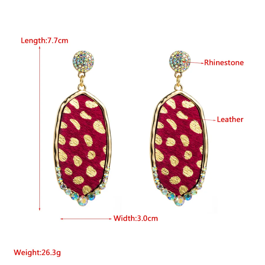 Cross-border retro geometric leopard print leather earrings women's exaggerated alloy diamond-encrusted trendy ear jewelry whole