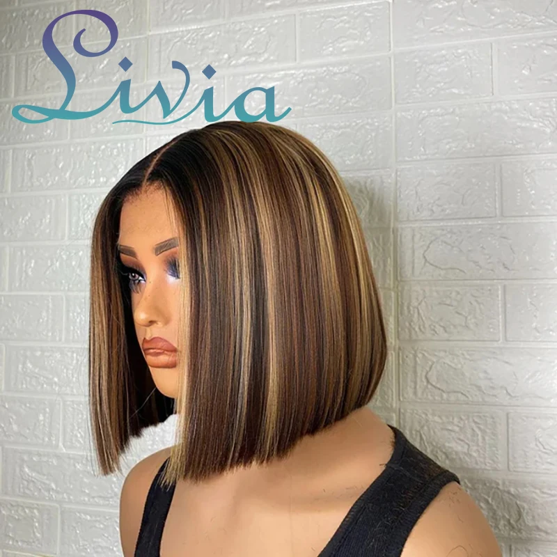 

Ombre 4/27 Highlight Short Bob Wigs Human Hair 180% Density Transparent Lace Frontal Wig 13x4 Straight Lace Front Human Hair Wig