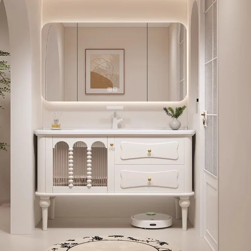 French Cream Light Cabinet Drawer Ceramic Fix Mirrors Storage Organizer Vanity Wall Small Sink Mobile Bagno Bathroom Cabinet