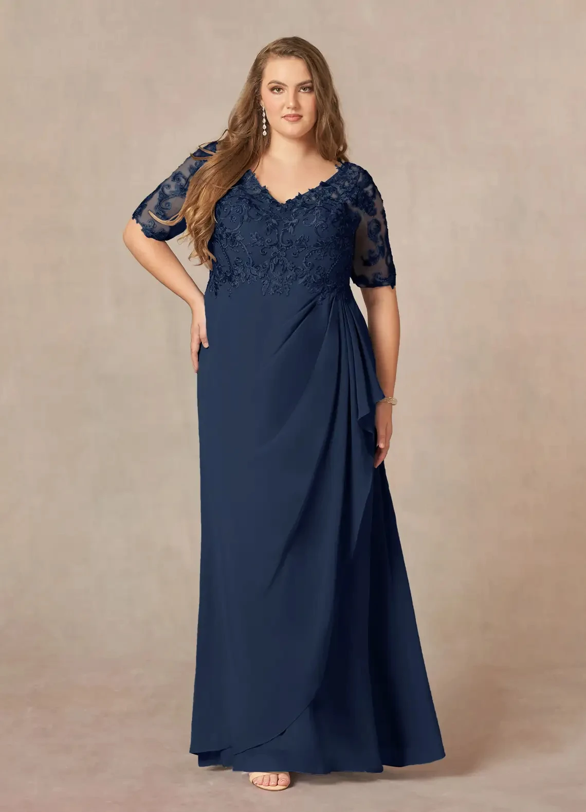 

Customized Elegant Long Mother of The Bride Dress Navy Blue Applique Half Sleeve Evening Formal Dress Robe De Soiree YMD24