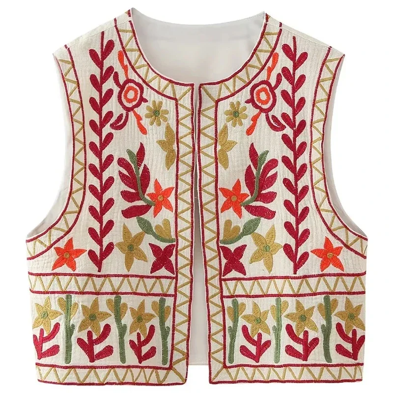 TRAF Women\'s Tailored Vest Spring Summer 2024 Crop Embroidered Waistcoat V-Neck Sleeveless Cardigan New In Vest Elegant Gilette