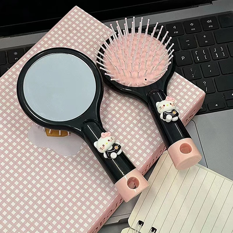 2 In 1 Hello Kitty Airbag Comb Mirror Sanrio KT Cat Fluffy Air Cushion Comb Head Massage Comb Scalp Meridian Comb