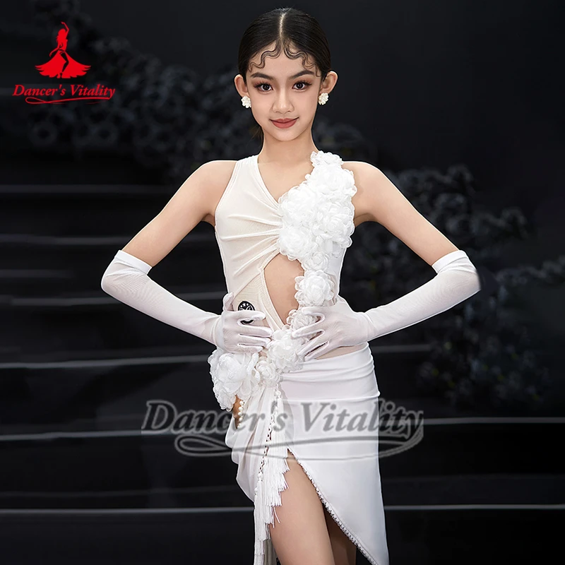 Child Pearl Tassel Hollowing Latin Training Dresses Dancer's Vitality Teenagers Chacha Samba Rumba Salsa Performance Clothing