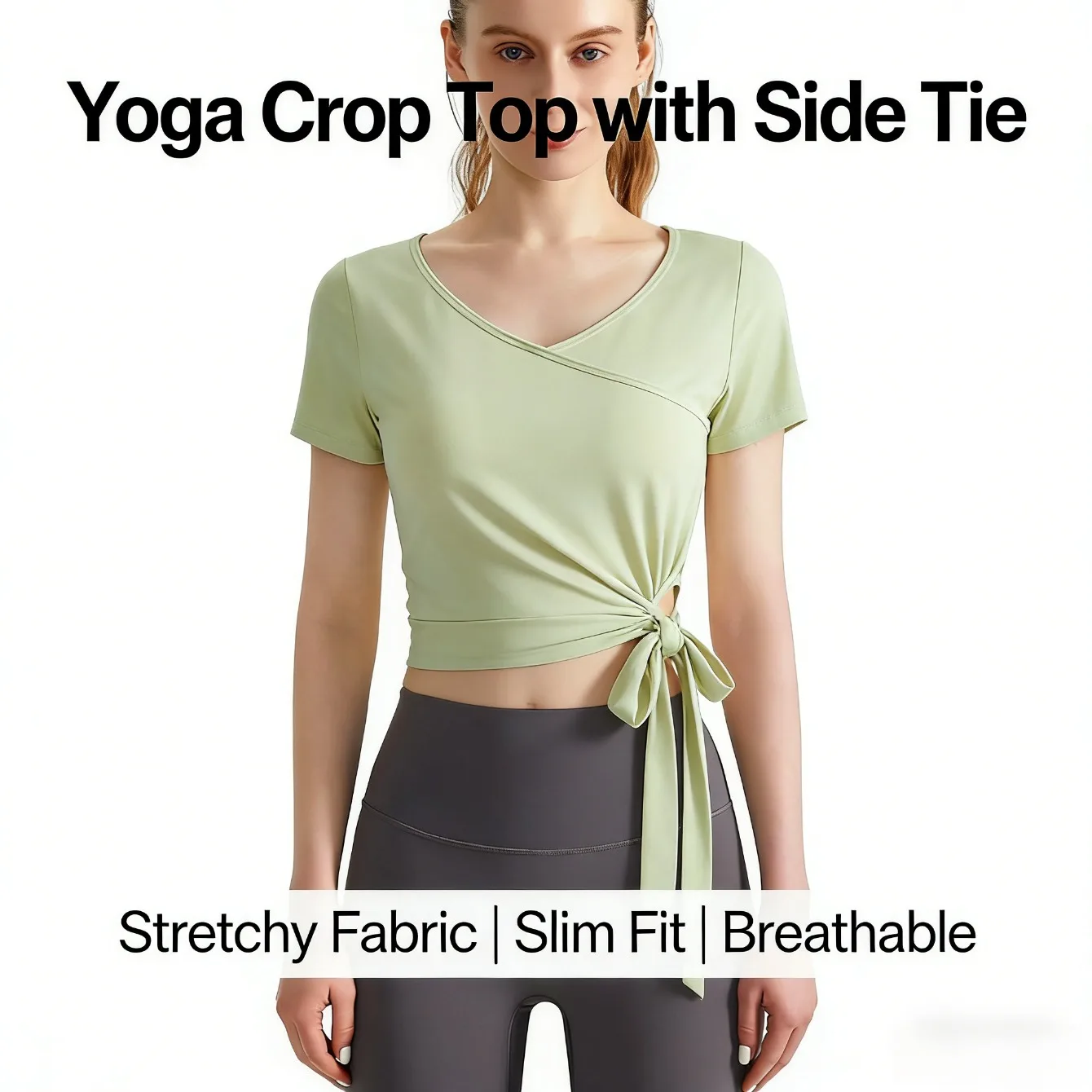 

Stylish Slim Fit Yoga Short - Sleeve Top V- Neck Side Tie - Up Design Quick - Dry and Slimming Essential for Pilates and Fitness