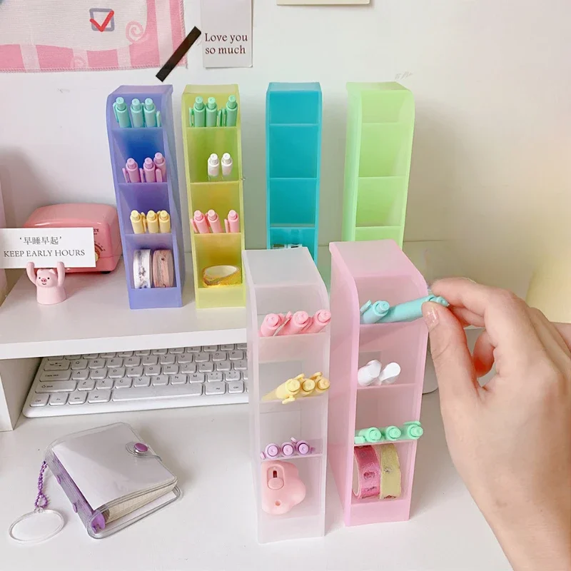 Four Girds Ins Candy Color Pen Holder Desktop Organizer Desk Cosmetics Pencil Storage Box Stationery Office School Supplies New