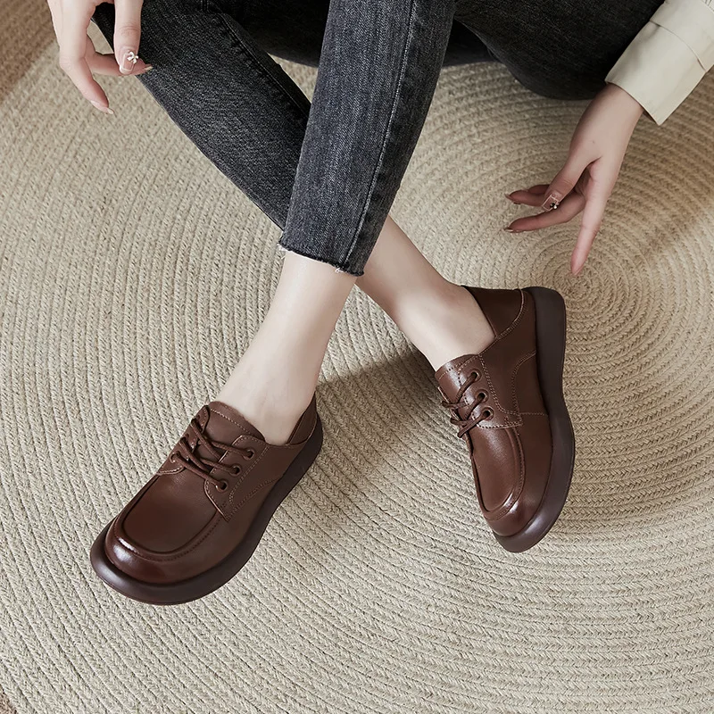 Chaussures simples en cuir de vachette pour femmes, chaussures légères, mocassins confortables, semelle souple, chaussures à lacets, printemps et automne