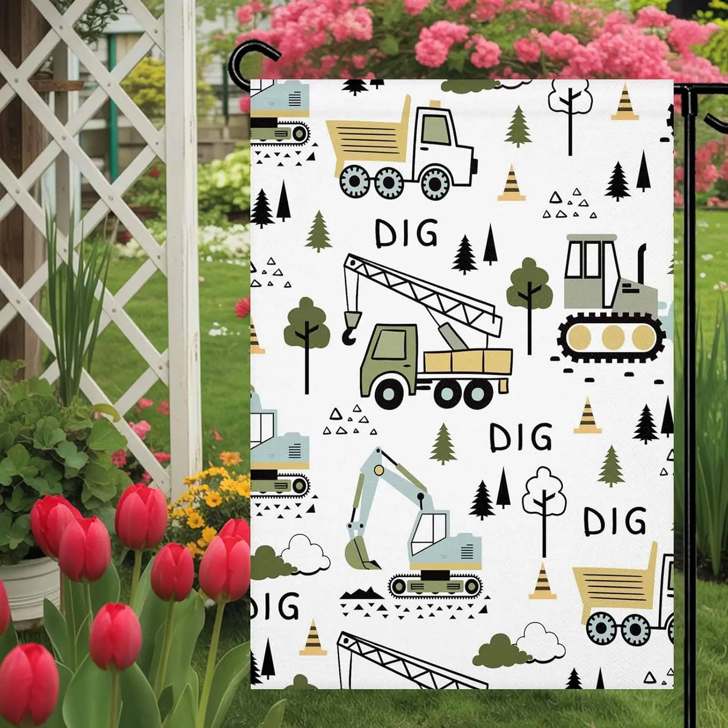 Welcome Garden Flag Cartoon Tractor Digger Shovel Double Sided House Flags Yard Decoration, Cute Truck Car Themed Banners fo PPM