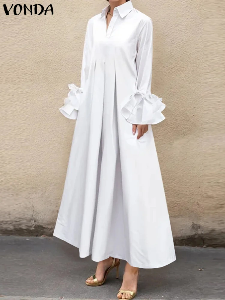 2025 Women Elegant Solid Color Maxi Long Dress Ruffle Pleated Dress VONDA Casual Loose Sundress Lapel Collar Long Sleeve Robe