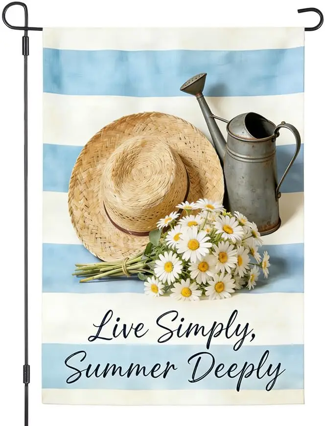 Daisy Straw Hat Garden Flag Burlap Double Sided Outdoor Yard Summer Decorations, 12 x 18 Inch (Live Simply, Summer Deeply) jjp