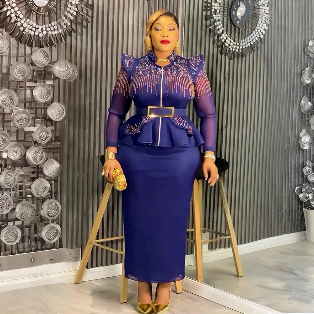 

2026 African Clothes for Women Diamonds 2PCS Set Tops And Skirts Suits Bodycon Dashiki Ankara Turkey Outfits Gown Wedding Party