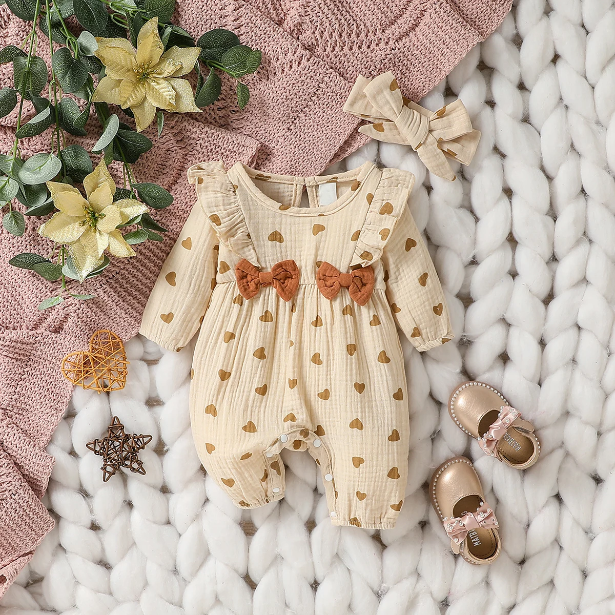 Baby Girl's All Seasons Long Sleeve Print Floral With Bow Daily Jumpsuit For Newborn-6M Clothes +Headband 12