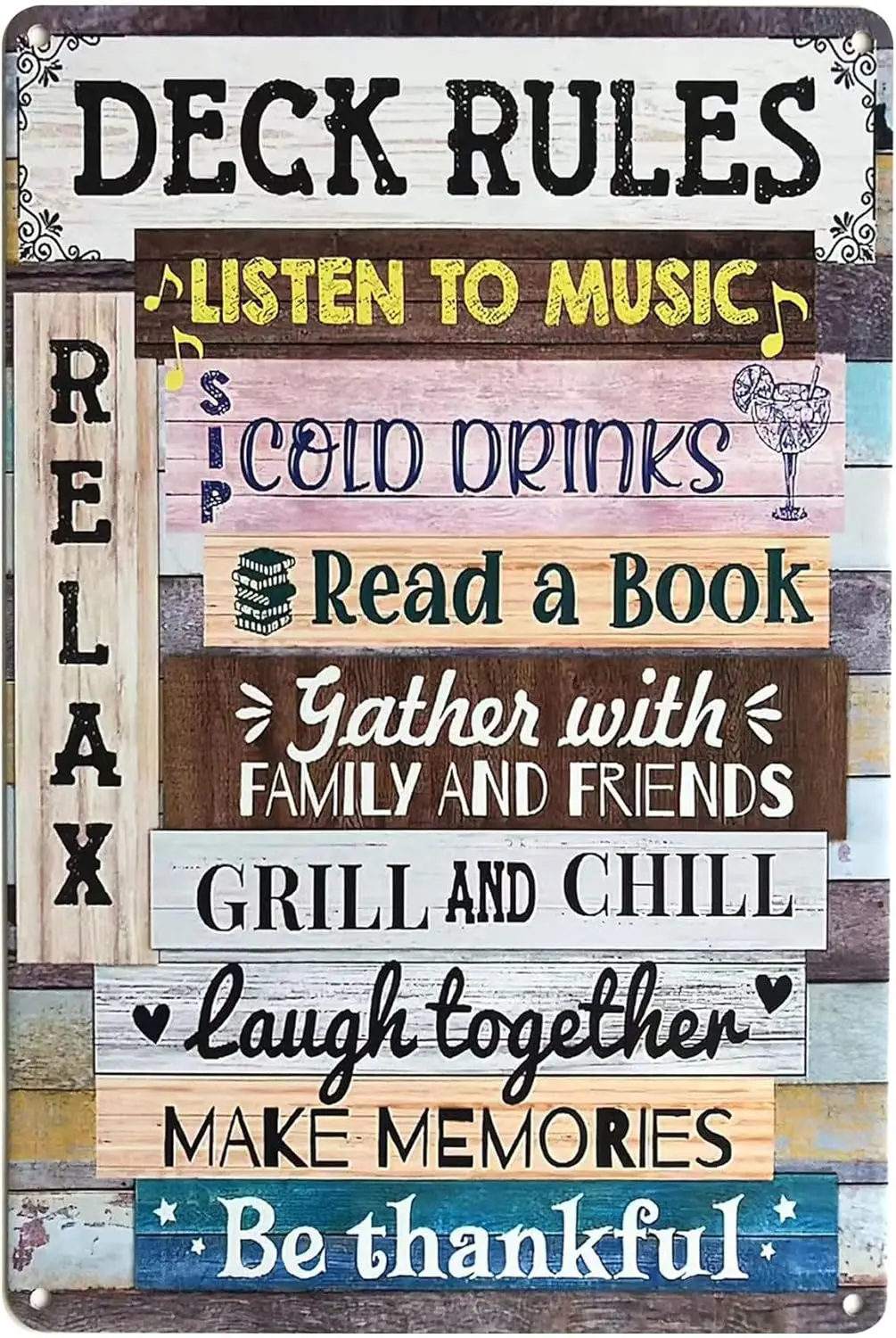 Deck Rules Metal Signs Rustic Listen to Music Sip Cold Drinks Tin Signs for Home Porch Bar Front Yard Wall Decor Back Yard 8x12