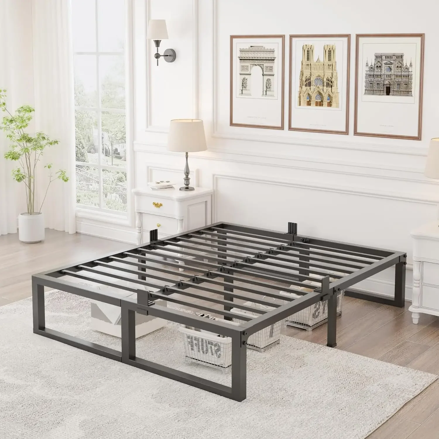 Estrutura de cama queen de 14 polegadas, plataforma de metal resistente de 3500 libras, suporte de ripas de aço/sem necessidade de mola de caixa/sem ruído/antiderrapante/fácil como